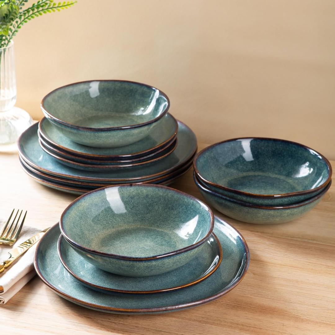 AmorArc Ceramic Dinnerware Sets,Handmade Reactive Glaze Stoneware Plates and Bowls Sets,Highly Chip and Crack Resistant | Dishwasher & Microwave Safe Dishes Set,Service for 6 (18pc) (Vintage Blue)