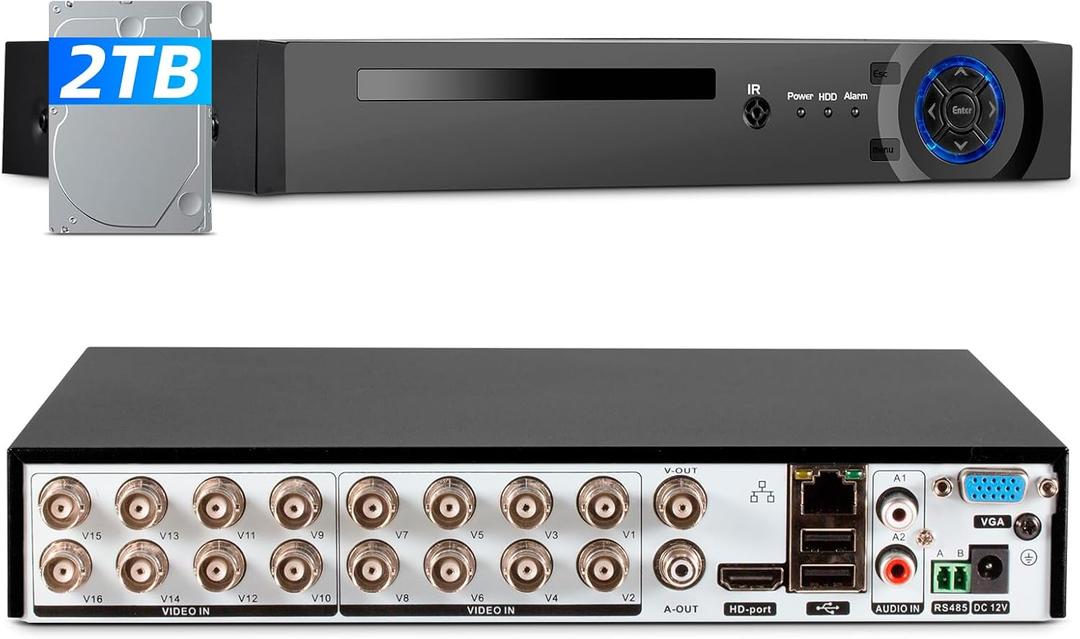 16 Channel Security Recorder DVR,5MP 16CH Surveillance Video Recorder for Security Camera,5MP Hybrid 5-in-1 Camera DVR AHD/TVI/CVI/CVBS/XVI with Human Detection,24/7 Recording(with 2TB Hard Drive)