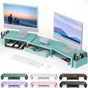 gianotter Dual Monitor Stand Riser, Desk Organizer With Drawer and 2 Pen Holders, Monitor Stand for Desk, Office Decor Essentials (Blue)