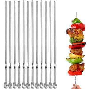 12PCS Kabob Skewers Flat Metal BBQ Barbecue Skewer 14" Long Stainless Steel Shish Kebob Sticks Wide Reusable Grilling Skewers Set for Meat Shrimp Chicken Vegetable, 12 Pack