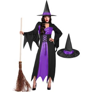 CICOCI Witch Costume Women With Wicked Witch Hat Halloween Costume For Adult Witch dress Full Outfits (Small, Purple)