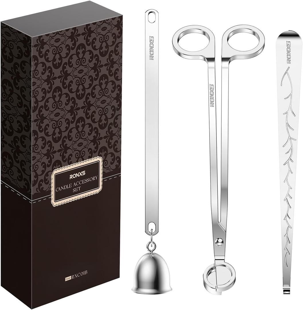 RONXS 3 in 1 Candle Wick Trimmer Set Candle Accessory Wick Cutter, Candle Snuffer Extinguisher, Candle Wick Dipper with Gift Package for Candle Lovers (Silver)