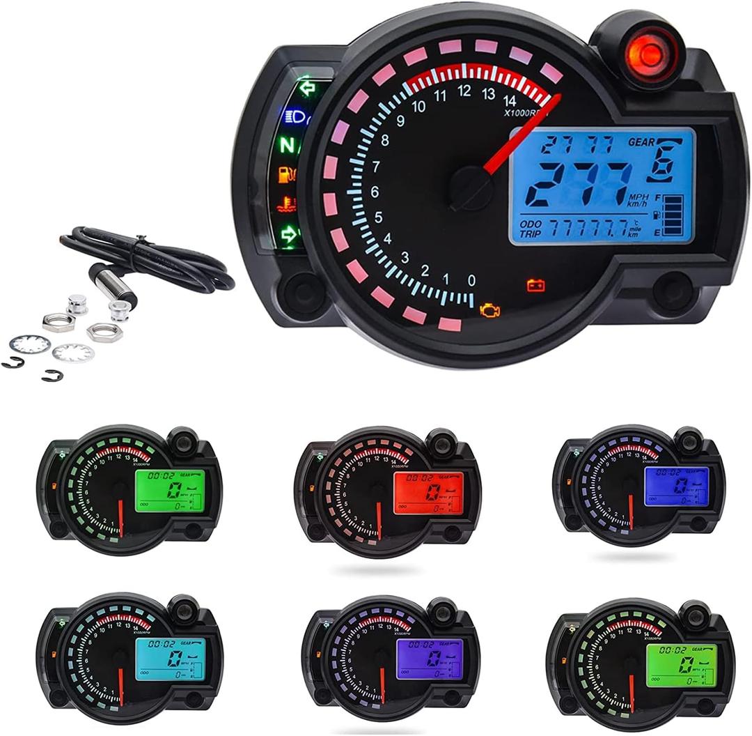 KAOLALI Motorcycle Digital Speedometer Tachometer Motorcycle Speedometer Odometer 7 Colors LCD Backlight Adjustable Digital Gauge Meter R-X-2-N 14000RPM MAX 299KM/H