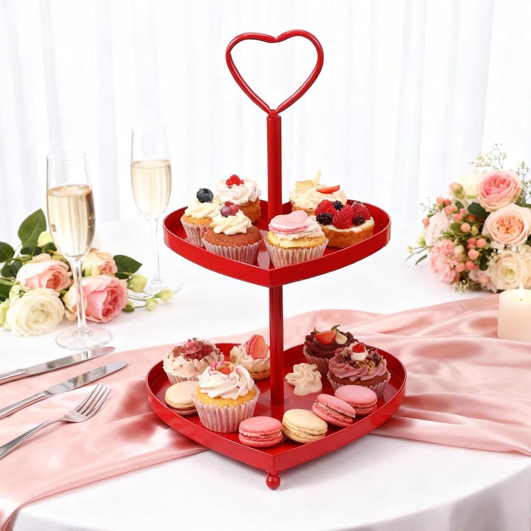 Valentines Day 2 Tiered Tray Stand Set Red Heart Shaped Decorative Tray 2 Tiered Metal Serving Shelf Set Decorative Table for Home Kitchen Weddings Valentines Day Party Decoration