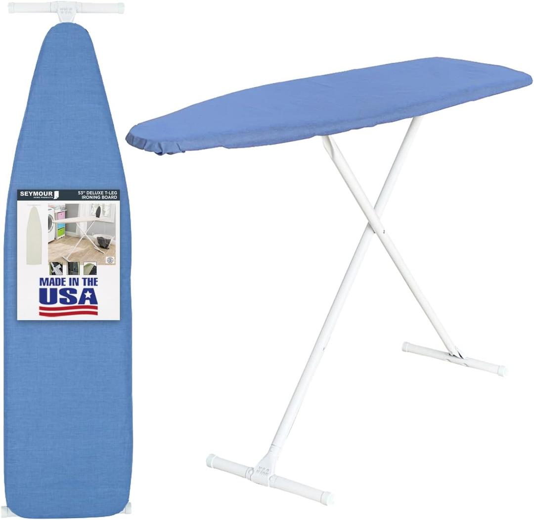 Full Size Ironing Board with Cover & Pad  Made in USA by Seymour Home Products Adjustable Steel T-Legs, 35" High Perforated Top for Steam Durable Iron Board for Home, Laundry Room (Dark Blue)