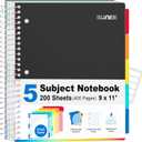 SUNEE 5 Subject Graph Paper Notebook - 400 Pages, 9"x11", 4x4 Graph Ruled Notebook, 5 Pocket Colored Dividers, 3-Hole Punched Paper, Black