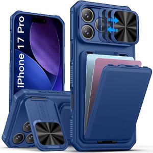 SSLOTSCASE for iPhone 17 Pro Case with Stand & Credit Card Holder & Sliding Camera Cover & Camera Stand & Wallet, Rugged Silicone Edge Protective Phone Case Cover for iPhone 17 Pro 6.3'' 5G 2025, Blue