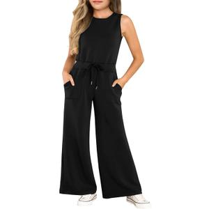 Haloumoning Girl's Jumpsuits Sleeveless Round Neck Wide Leg One Piece Rompers Little Kid Big Kids 10-12Y