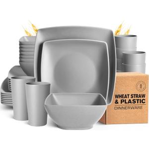 Teivio 32-piece Plastic Wheat Straw Square Dinnerware Set for 8, Unbreakable Dinner Plates, Salad Plates, Snack Bowls, Tumblers, Dishwasher Safe, Light Gray