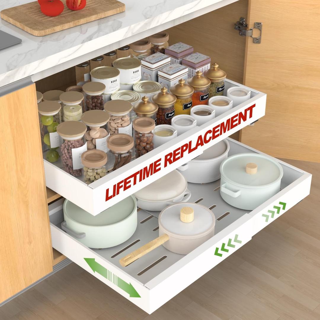 ANTOWIN 1Pack Expandable Pull Out Cabinet Organizer 21" Deep (12.2"-20.5" Width), Slide Out Drawers for Kitchen Cabinets, Roll Out Shelves Adhesive with 3-Layer Steel, for Cabinets Without Lip, White