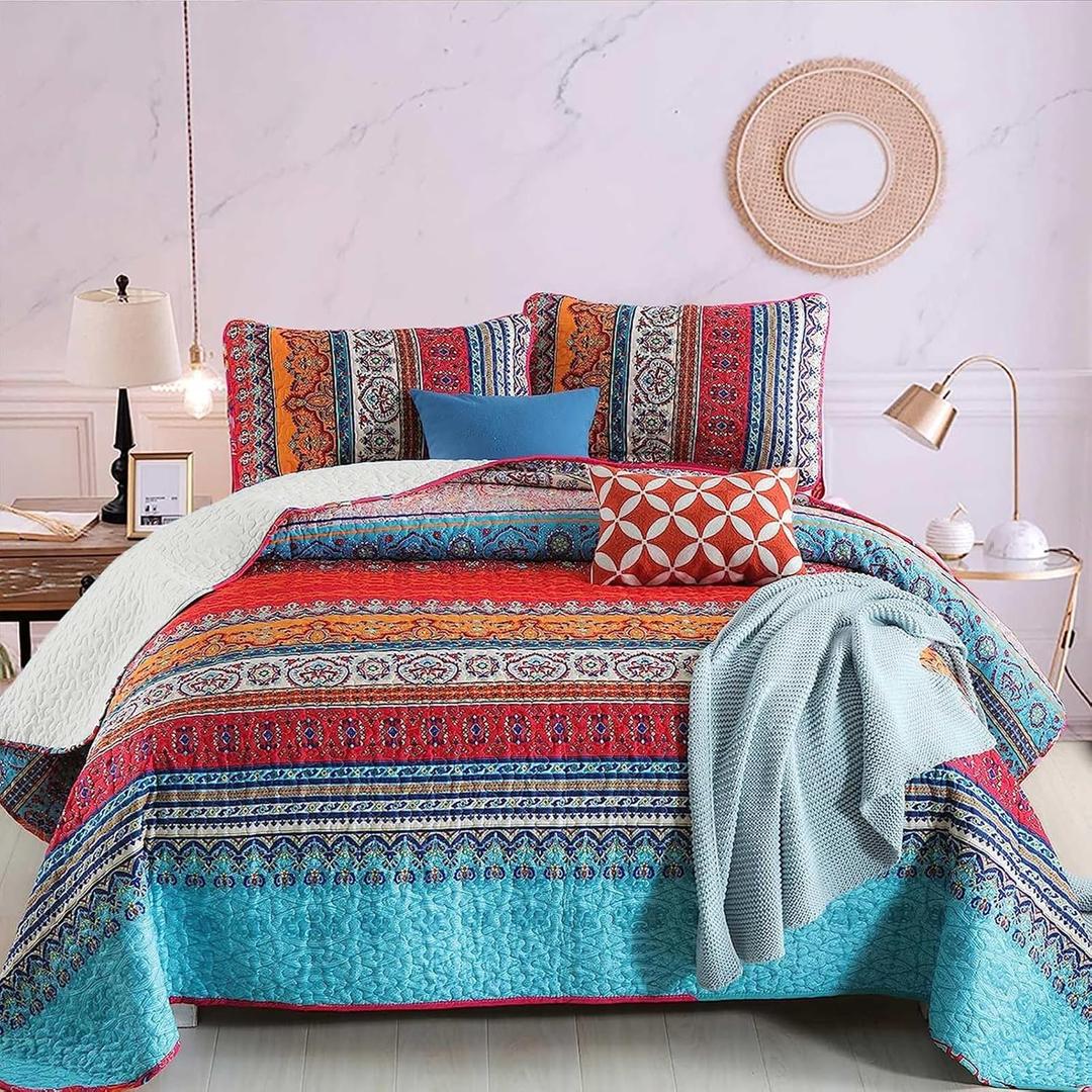WONGS BEDDING Bohemian Quilt Set King Size, Boho Striped Printed Bedding Bedspread Coverlet Set for All Season, Lightweight Microfiber Quilts with 2 Pillowcases 104"x90" (3 Pieces, Colorful) (Beige)