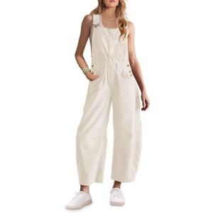 ReachMe Womens Casual Adjustable Bib Overalls Classic Wide Leg Jumpsuits Vintage Barrel Overalls Baggy Pants with Pockets (Small, Beige)