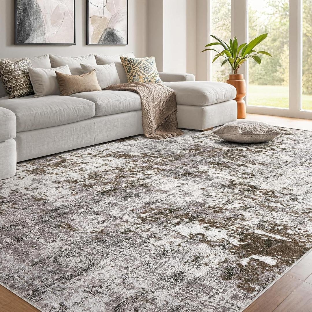 Living Room Area Rugs - 10x12 Abstract Large Soft Indoor Washable Rug Neutral Modern Low Pile Carpet for Bedroom Dining Room Farmhouse Home Office - Dark Brown