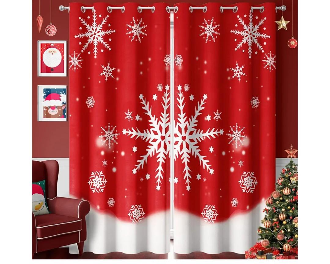 Snowflake Christmas Curtains Living Room 52 x 84 inch, 2 Panels, Grommet Printed Fabric Decorations Blackout Curtains, Thermal Insulated Holiday Red Window Drapes Panel for Kid Room, and Indoor
