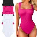 OQQ Women's 3 Piece Bodysuits Sexy Ribbed Strappy Square Neck Sleeveless Tummy Control Tank Tops Bodysuits Black Rose3 White, XL