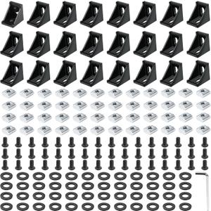 24 Set Black 3030 Series Aluminum Extrusion Profile Connector, Includes 1pc Wrench, 24pcs 2835 Corner Bracket, 48pcs M6 T-Slot Sliding Nuts and Hex Screw Bolt for 20S Aluminum Rail Accessories