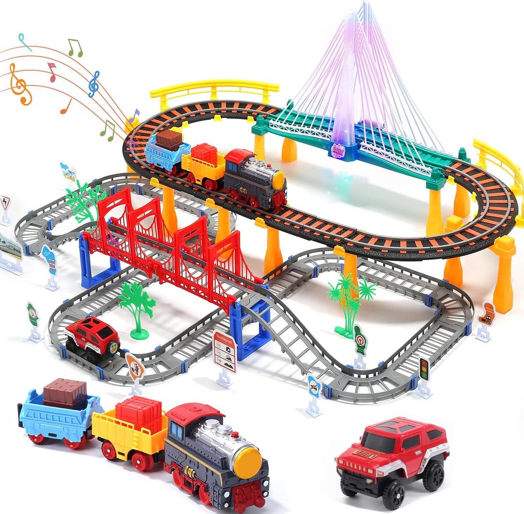 Electric Toddler Train Set Toy, Battery Powered Railway Train Track Toy Playset for Kids Ages 3 4 5, Boys and Girls