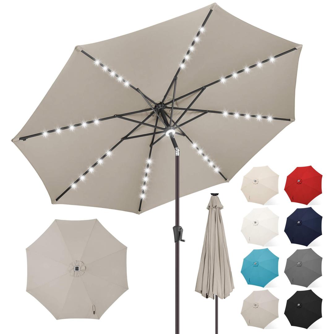 FLAME&SHADE Solar Patio Umbrella with Centre Light, 10 FT Taupe