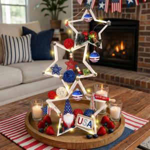 Cinnvoice 3 Pcs 4th of July Decorations Wooden Stars Patriotic Memorial Day Crafts Table Centerpiece Rustic Wooden Star for Tiered Tray Accents Independence Day Home Office Shelf Decor (White)