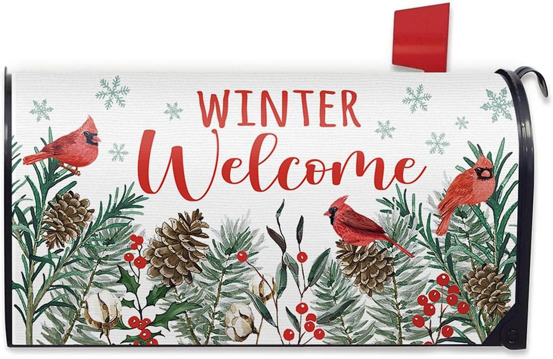 Winter Welcome Cardinal Mailbox Cover Magnetic Standard Size 21" x 19", Red Birds Pine Needle Pine Cone Decorative Post Letter Box Wrap Decor, Christmas Red Berry Garden Yard Outdoor Decoration