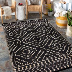 Wonnitar Outdoor Rug for Patio Clearance, 5x8 Waterproof Reversible Plastic Straw Rug, Moroccan Outside RV Area Rug for Camping, Outdoor Portable Mat for Deck Balcony Porch (Black & Beige,5'x8') (5 x 8 Feet)