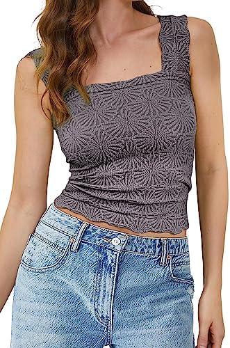 MISSACTIVER Women Square Neck Wide Straps Crop Tank Tops Casual Floral Sleeveless Lettuce Trim Slim Fit Crop Cami Vest Tops S