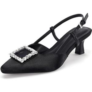 Coutgo Womens Slingback Low Kitten Heels Pumps Closed Pointed Toe Rhinestone Wedding Dress Shoes, 7.5, Black