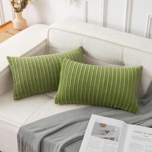 UGASA Pack of 2, Velvet Pillow Covers Striped, Soft Textured Throw Cushion Case Set, Accent Corduroy Lumbar Pillowcases with Hidden Zipper for Home Decor Indoor Outdoor (12"x20", Green)