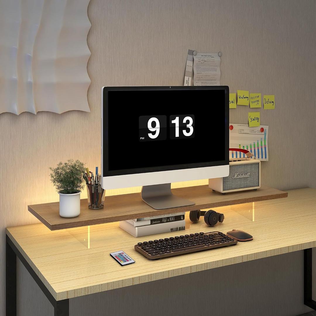 Monitor Stand Riser,Wood & Acrylic Computer Monitor Stand with LED Strip Light,Desk Accessories Desktop Organizer Stand for Computer,Laptop,Printer,PC & TV Screen