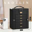 AKOZLIN Jewelry Box Organizer Functional Leather Jewelry Storage Case for Women Girls Ring Necklace Earring Bracelet Holder Organizer with Mirror Black