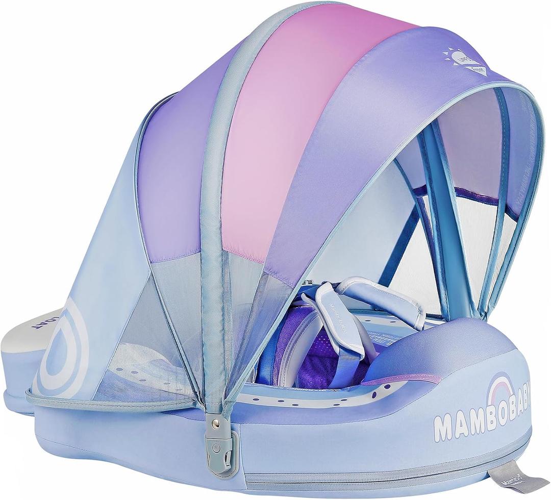 Mambobaby Non-Inflatable Baby Pool Float with Tail and Canopy UPF 50+ Sun Protection No Flip Over Infant Swim Float Skin-Friendly Mambo Float Swim Trainer Solid Baby Swimming Ring (Rainbow Blue)