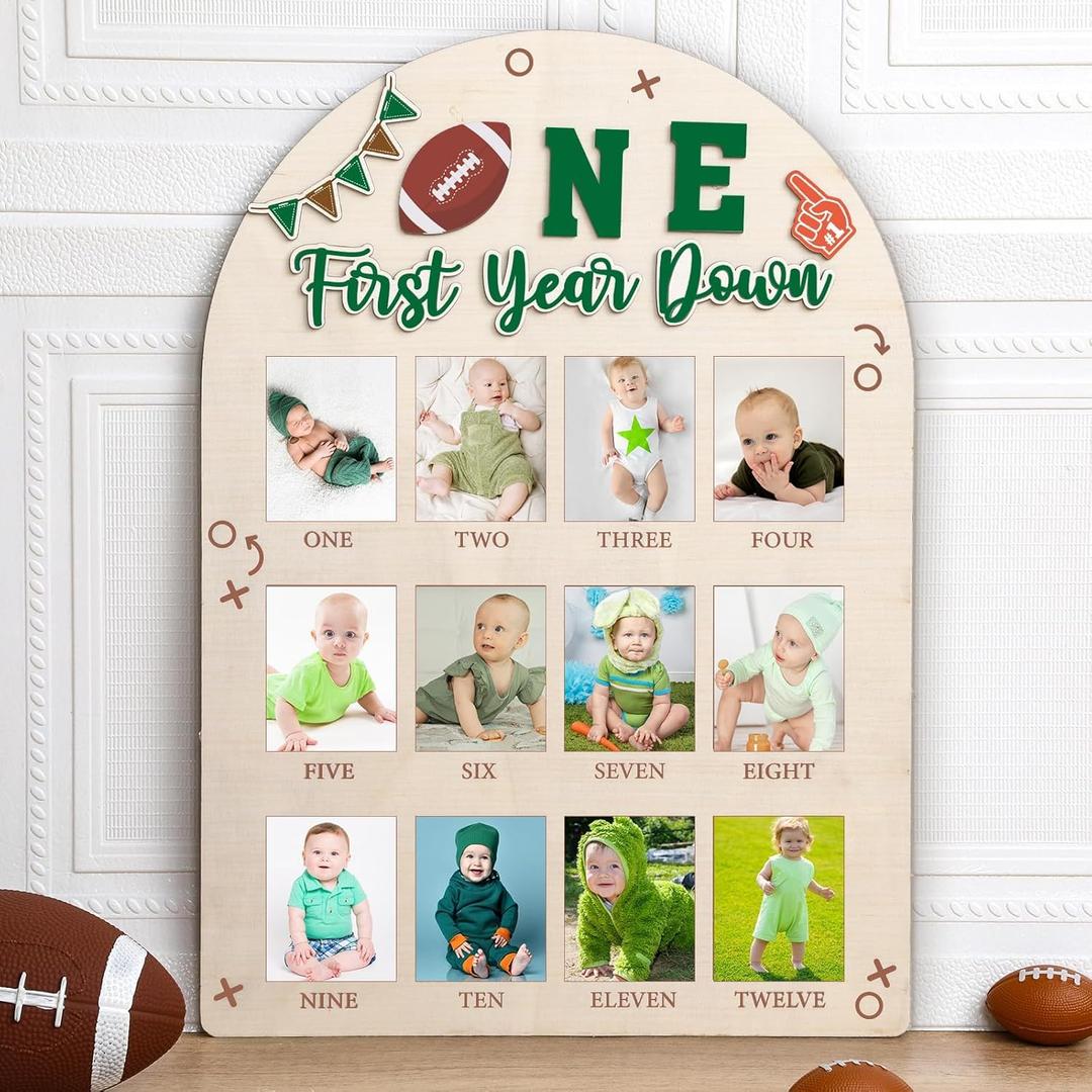 First Year Down Photo Board Football 1st Birthday Party Decoration Wooden Board 12 Monthly Milestone Picture Frame Sport One Year Old 1st Birthday Photo Banner for Baby Keepsake Gift (Fit 2x2.8in Pic)