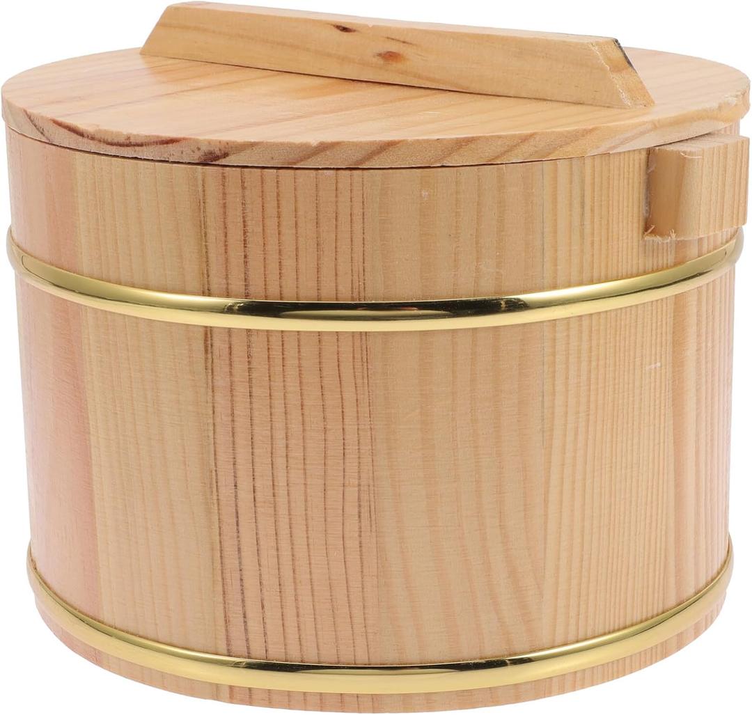 Wooden Rice Bucket with Lid 7.87 Inch Steamed Rice Storage Container Sushi Mixing Tub with Handle for Home Kitchen Restaurant