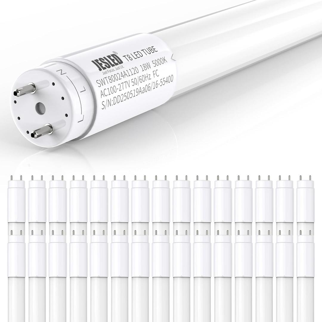 JESLED 30 Pack 4FT T8 LED Bulbs,18W 2400LM 5000K Led Tube Light,Hybrid Type A+B T10 T12 Fluorescent Bulbs Replacement,Single or Double End Powered,Plug and Play or Ballast Bypass,ETL