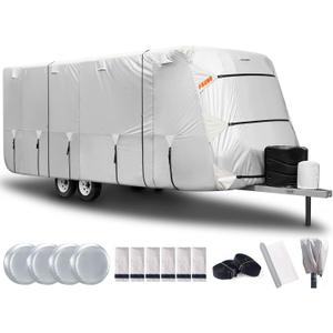 FRUNO Oxford Fabric Travel Trailer Cover RV Cover 22'-24' Waterproof Rip-Resistant Anti-UV Camper Cover for Winter Snow with Jack Cover 4 Tire Covers and Gutter Covers