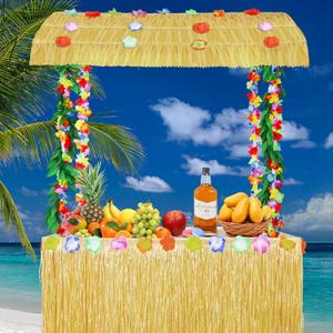 Tiki Bar Hut Kit Including 56 x 27 x 45 Inches Hawaiian Bar Hut Table Skirt Straw Roof 2 Luau Party Flower Garland for Summer Party, Luau Party Decorations Tiki Bar Hut Kit Including 56 x 27 x 45 Inches Hawaiian Bar Hut Table Skirt Straw Roof 2 Luau Party Flower Garland for Summer Party, Luau Party Decorations
