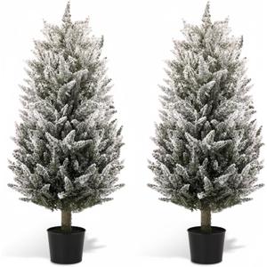 Yunlly 2 Set 3FT Snow Flocked Outdoor Christmas Trees Cedar Topiary Christmas Urn Fillers Front Porch Decorations, Frosted Snow Faux Cypress Plants with Spike for Garden Entryway