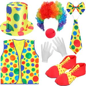 Funtery 8 Pcs Clown Costume for Women Men Circus Clown Accessories Include Wig Nose Shoes Vest Hat Bow Tie and White Gloves Halloween Cosplay Party