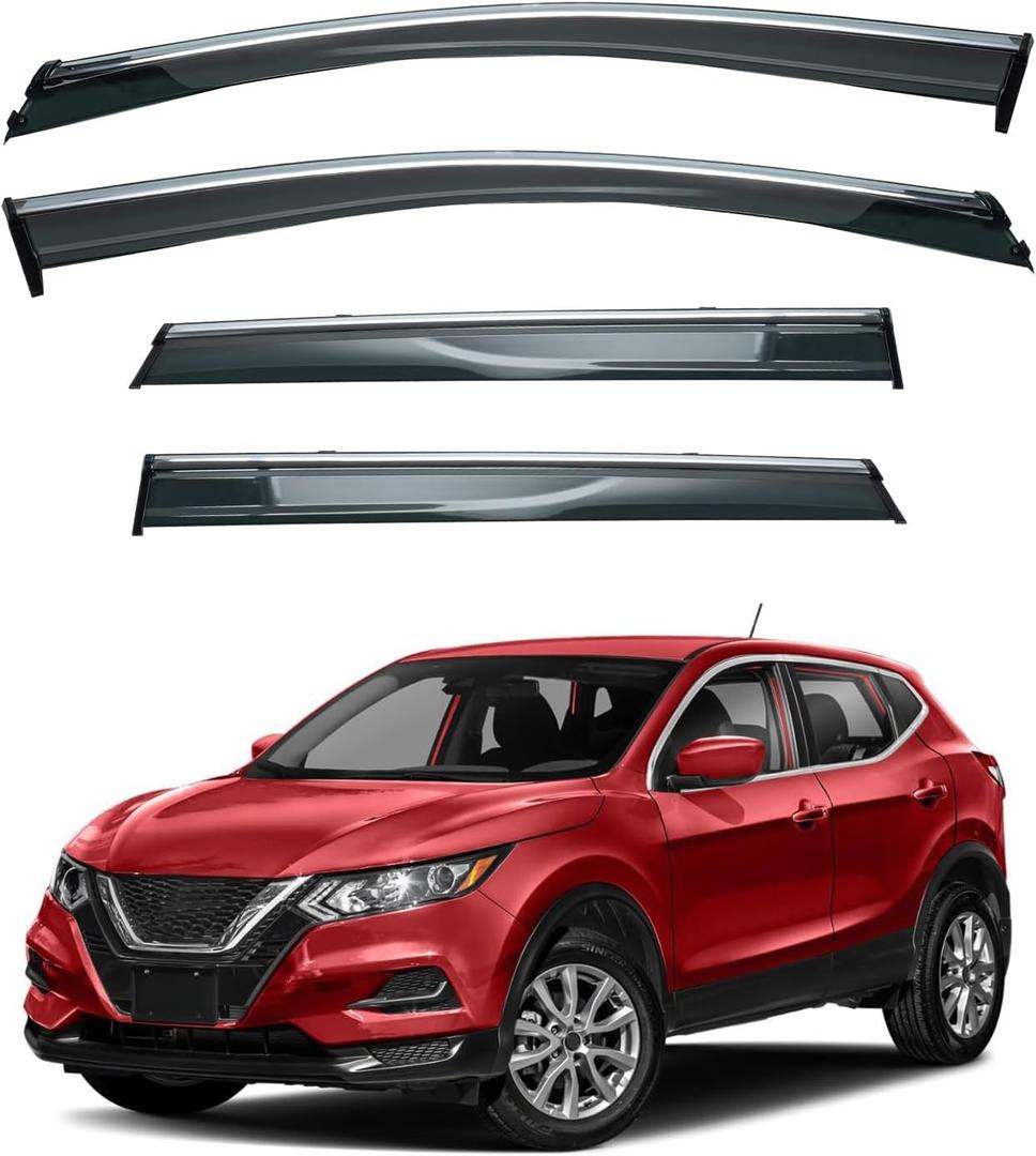 4pcs JDM Vent Window Visors Compatible with Rogue Sport 2017-2022 Only, Outside Mount Style Sun Rain Guard, Smoke Tint with Chrome Trim