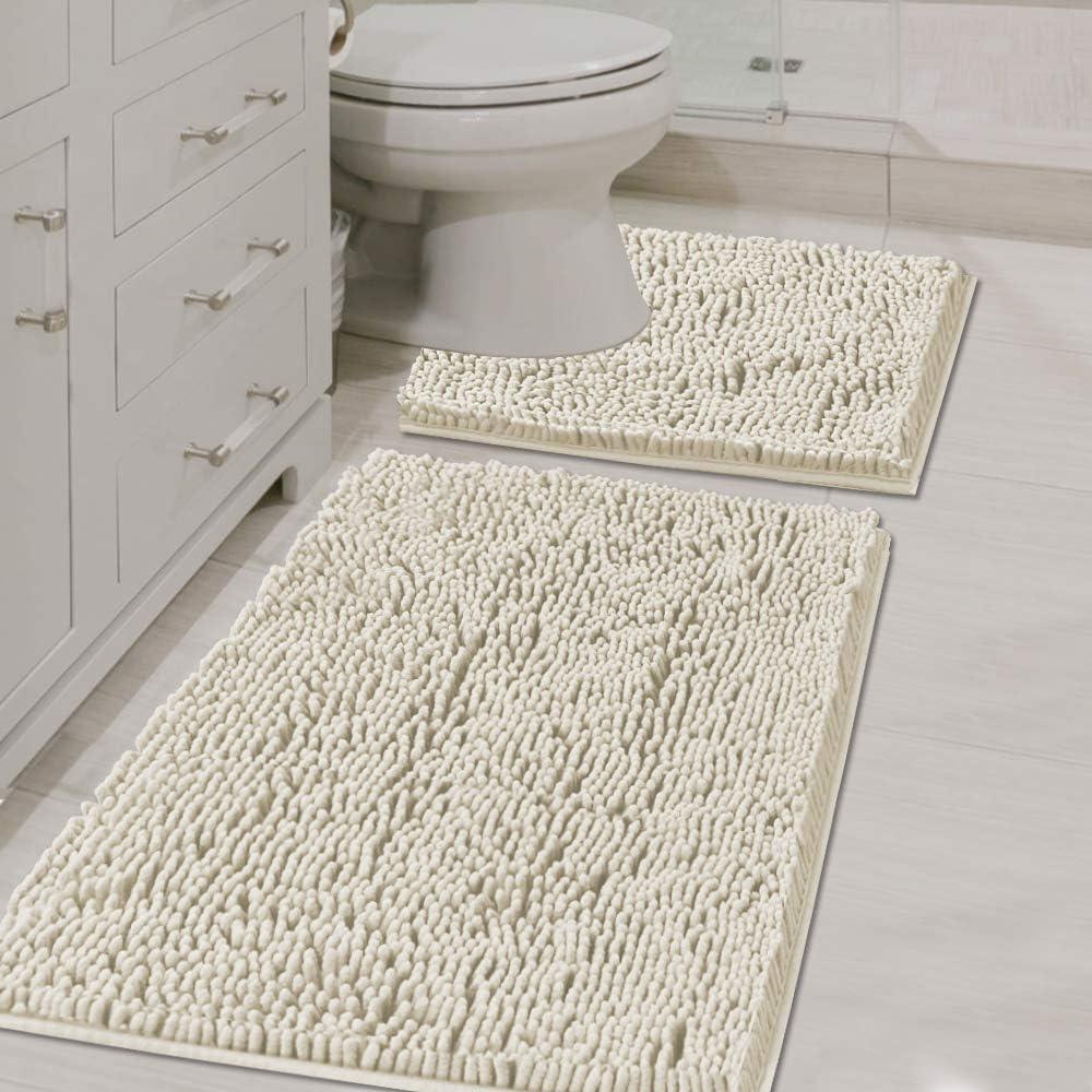 H.VERSAILTEX Bathroom Rugs Luxury Chenille Mat Set, Soft Plush Shower Rug + Toilet Mat, Microfiber Shaggy Carpet, Super Absorbent Mats, Machine Washable Bath Mat Curved Set, 32" x 20"/20" x 20", Cream (Ivory)