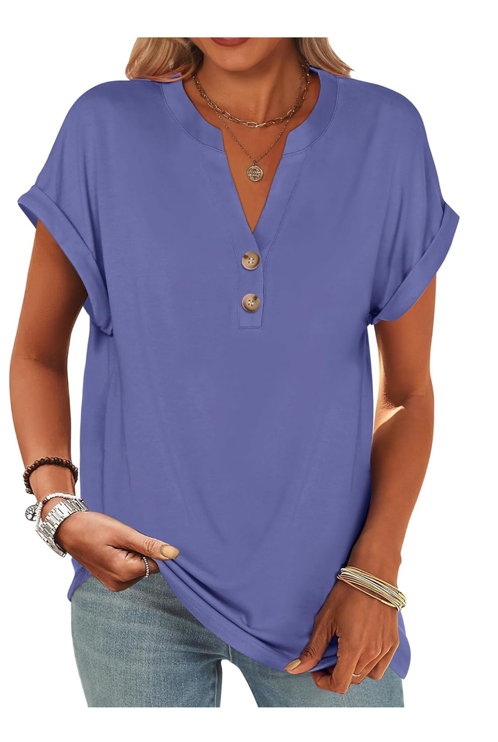 ANRABESS Womens Short Sleeve Henley Tops V Neck Dressy Casual Blouses Summer Trendy Tee Shirts 2025 Vacation Fashion Clothes, Size: M