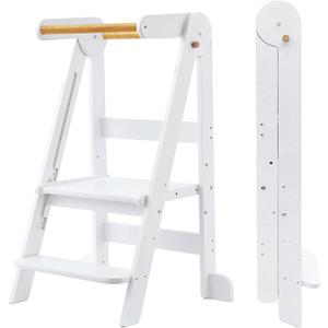 Foldable Toddler Tower 95% Preassembled Kitchen Stool Helper Folding Step Stool for Kids Montessori Toddler Standing Tower with 3 Adjustable Height Helper Tower for Kitchen Counter Sink White