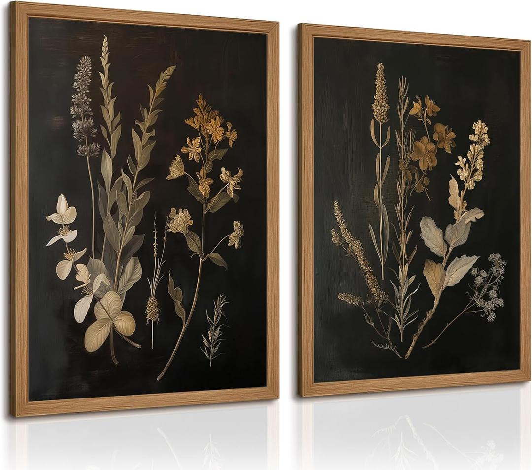 Vintage Floral Wall Art Decor Black Botanical Canvas Art Moody Flower Wall Art Dark Academia Poster Painting Vintage Floral Prints Pictures for Bedroom Living Room 12x16 Inch Wood Framed Set of 2
