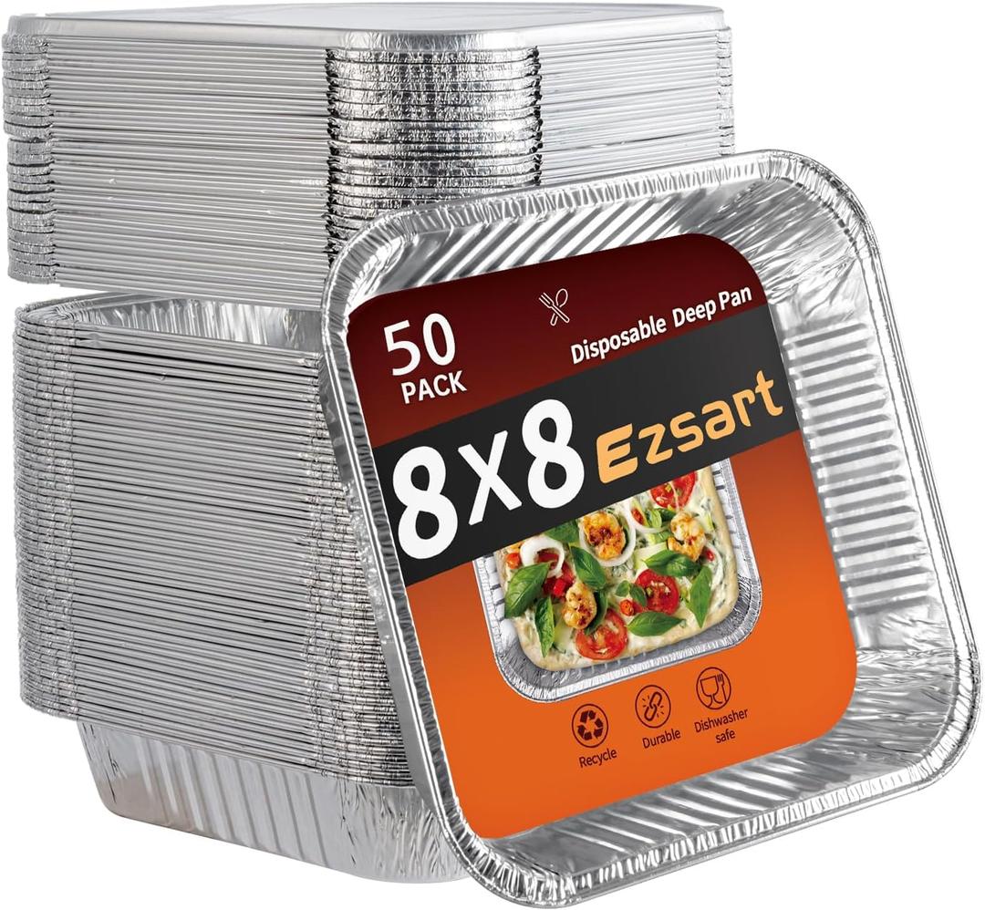8x8 Aluminum Pans with Lids - 50 Pack Disposable Baking Pans, Tin Foil Pans with Lids for Holiday Cooking, Christmas, Parties Meal Prep, Storage, Heating and Baking