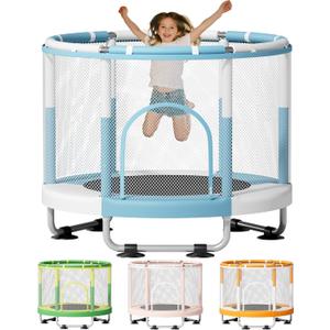 55" Trampoline for Kids, 440lbs Capacity Indoor & Outdoor Toddler Trampoline, Gifts for Boys & Girls (Blue White)