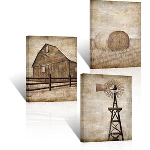 Apicoture Vintage Country Landscape Canvas Wall Art Rustic Barn Windmill Wall art Framed Countryside Farmhouse Paintings Wall Decor,12"x16"x3 Panels