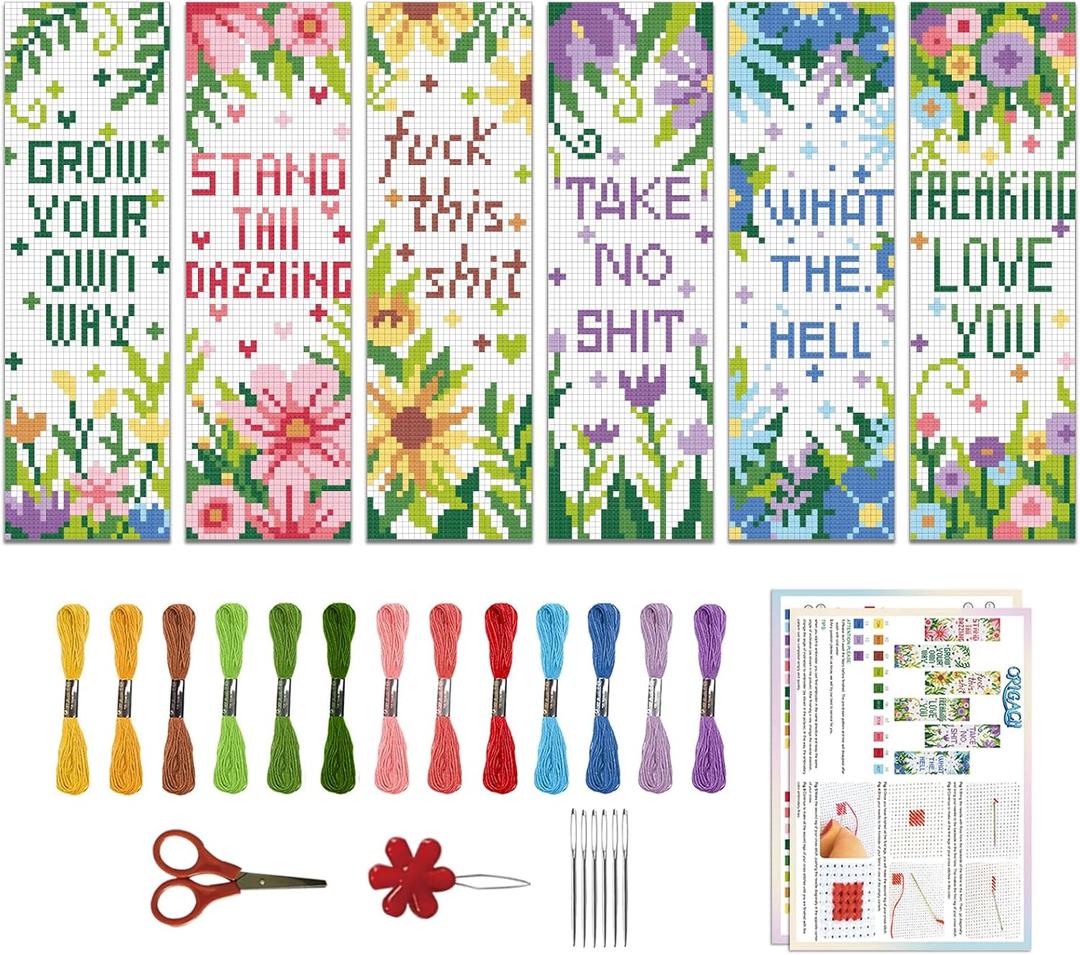 ORIGACH 6 Pcs Cross Stitch Bookmark Kit for Beginner Flowers Sayings DIY Stamped Embroidery Bookmark Kit for Starter Printed Cross Stitch Kits with Instruction for Book Lovers