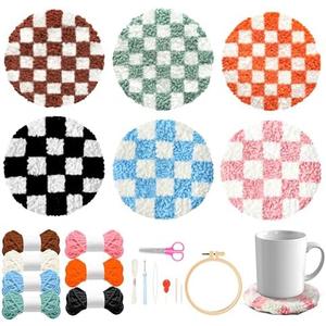 WATINC Checkerboard Punch Needle Coaster Kit - 22Pcs Crafts Punch Needle Coasters Kits for Beginners, Checkerboard Patterns Coaster Tufted Rug Pads with Adhesive Felt Yarns Embroidery Hoop Instruction