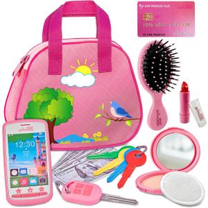 Toddler Play Purse for Kids with Accessories, Toys for Girls with Pretend Makeup, Keys, Smartphone, Dress Up Toy Purse for Toddlers and Kids Birthday Gift for Little Toddler Girls Ages 3 4 5 6, Pink, My First Play Purse - Pink