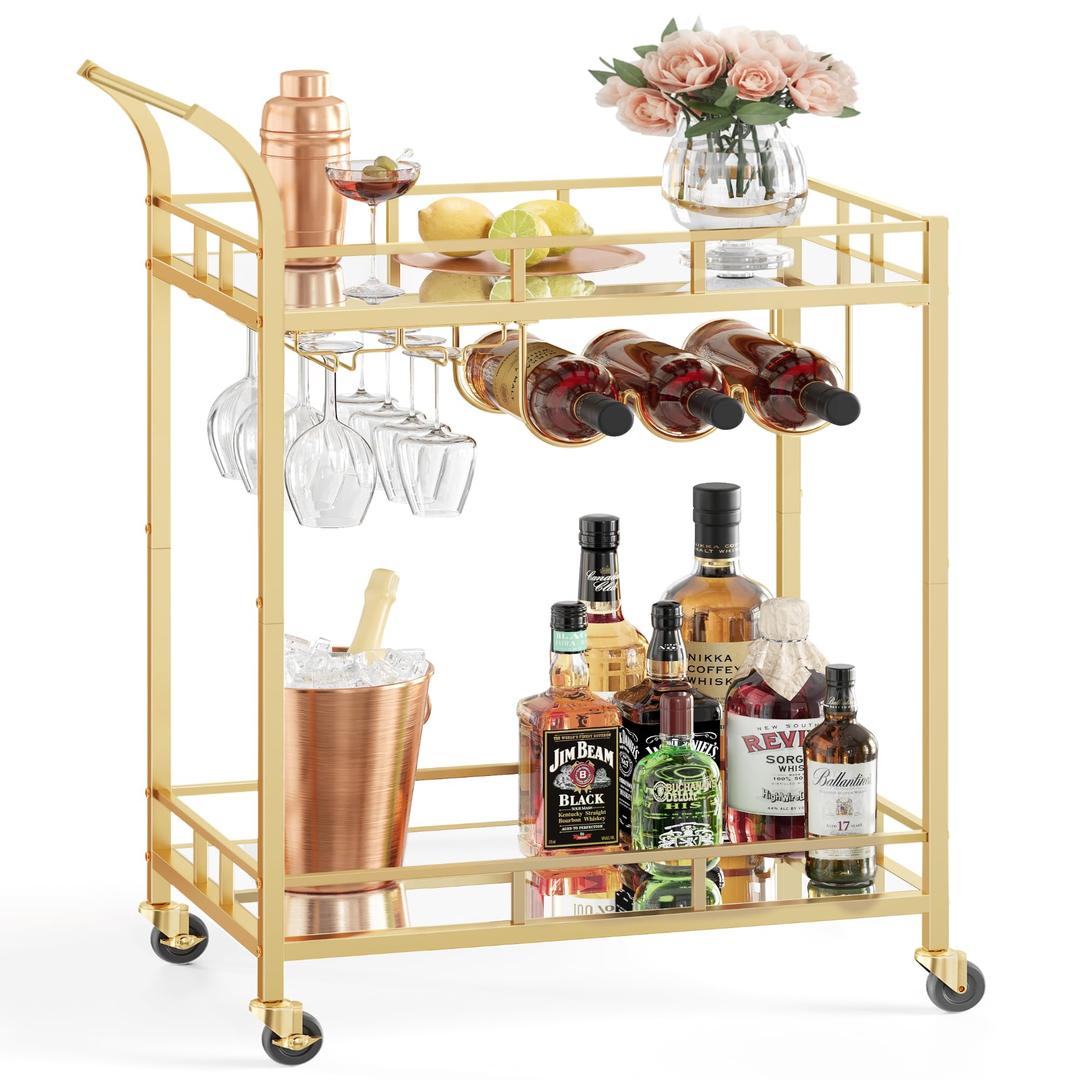 VASAGLE Bar Cart with 2 Mirrored Shelves, Wine Holders, Glass Holders